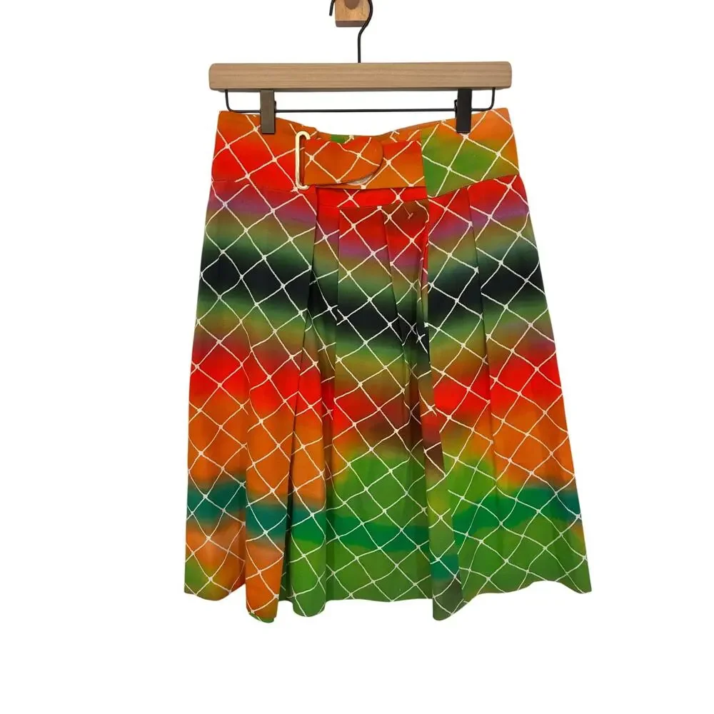 NWT Akris Punto Rainbow Skirt Bold Multicolor Net Print Statement Midi Cotton 6